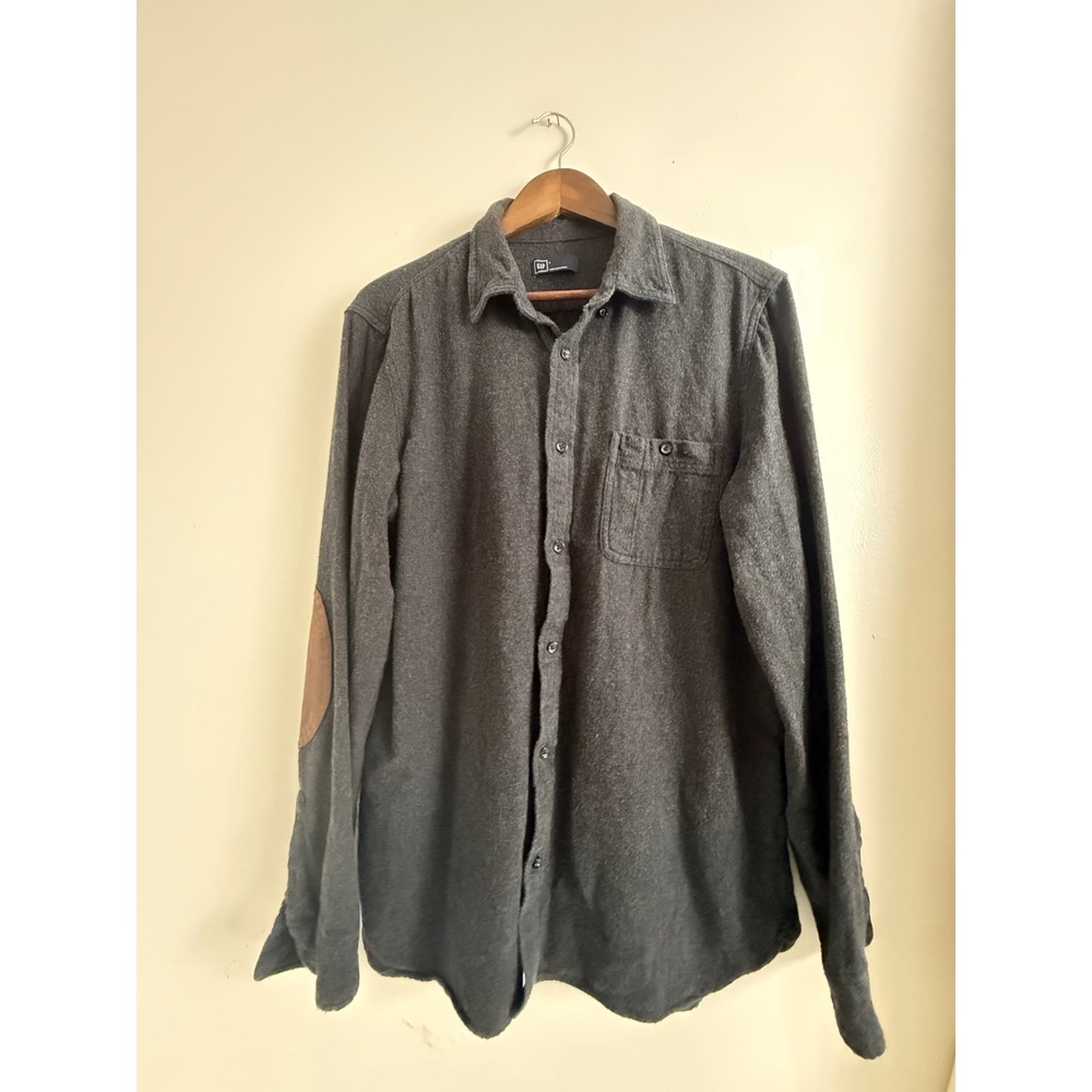 Gap Mens Flannel Button Down Shirt Gray Elbow Patches Long Sleeve Large